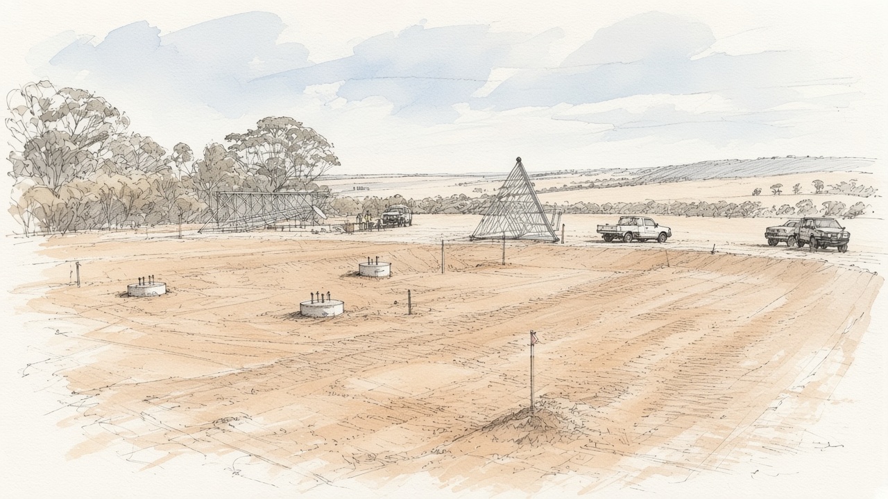 Sketch of a remote civil pad with concrete pits, steel frames and site vehicles