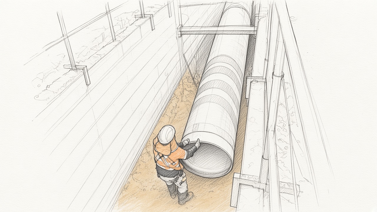 Sketch of a worker beside a large pipe in a shored trench